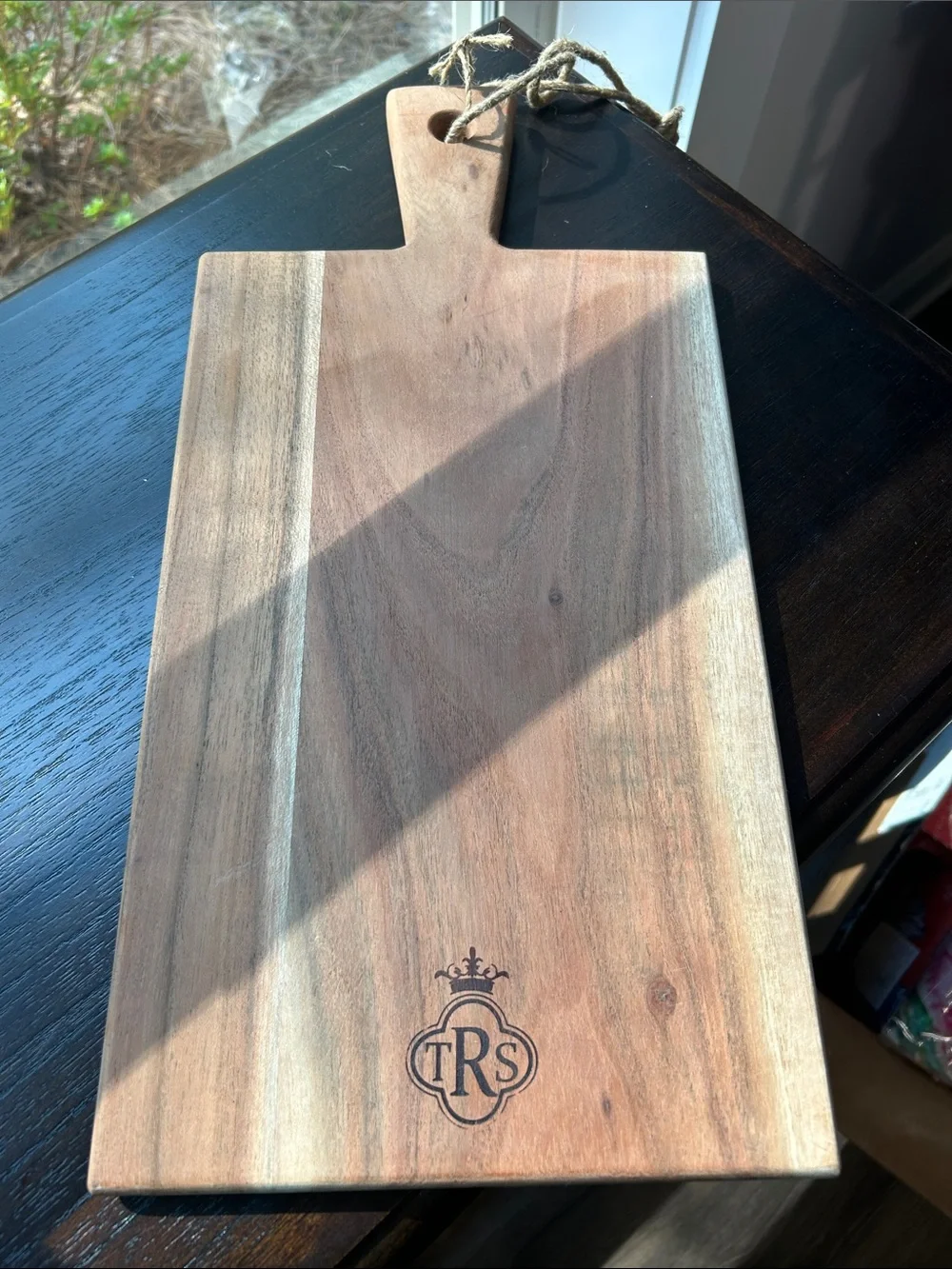 Monogrammed Wooden Serving/Charcuterie Board with Rope Handle - S.